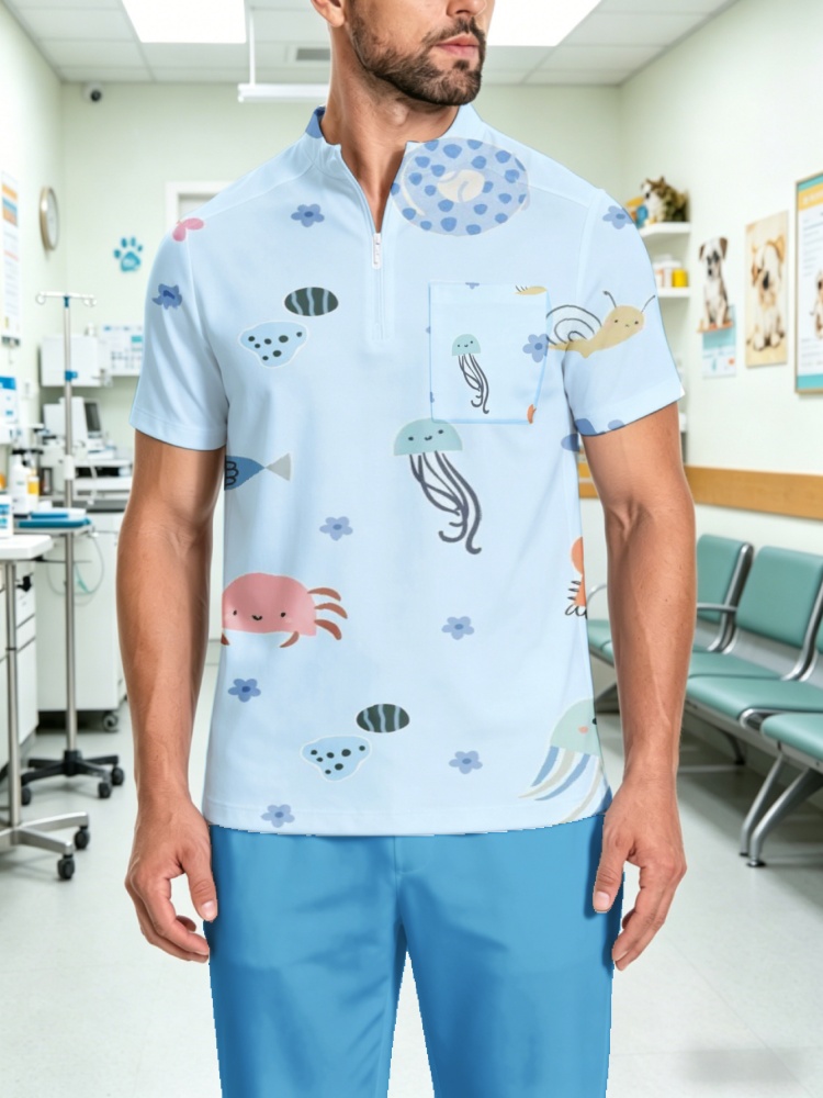 남성용 지퍼 칼라 스크럽 탑 귀여운 우주 공룡 UFO  - 3D Printing For Medical 리뷰 및 가격